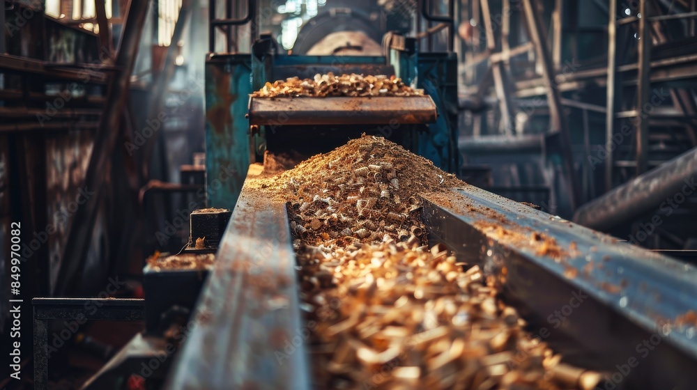 A conveyor belt is filled with wood chips A conveyor belt is filled with wood chips