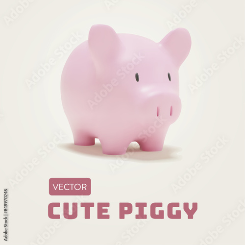 3d cute realistic pink toy pig with shadow.