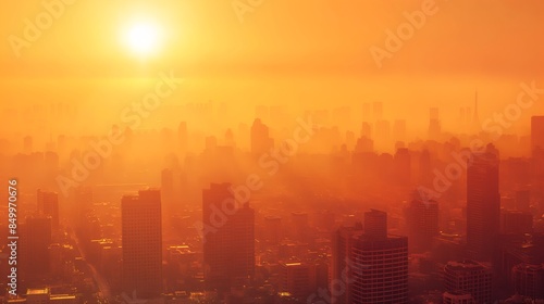 Stunning City Heatwave – Urban Overheat, Summer Haze, High Temperature, Sun-drenched Skyline, Global Warming, Sun Over City Skyline, Heat Warning 