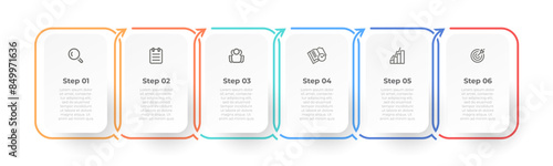 Business infographic thin line process with a square template design with icons and 6 options. Vector illustration with arrow elements for presentations and annual reports.