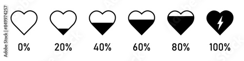 Heart rating, Love meter or gauge icon for valentine day card. The illustration of love meter. black color. 0 to 100 percent heart rating level vector illustration.