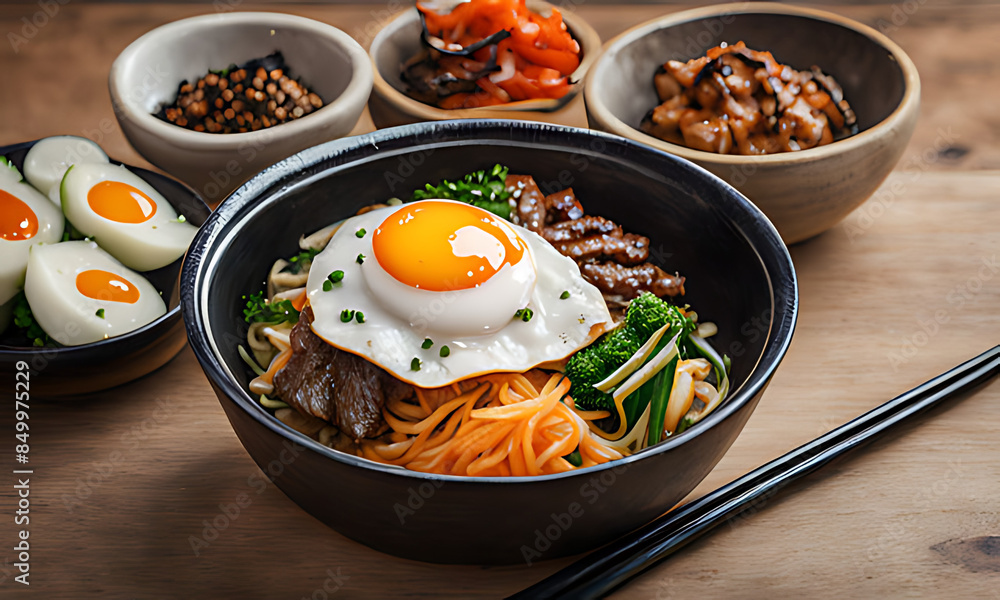 bibimbap is a traditional korean dish topped with fried egg beef and vegetables bibimbap is a traditional korean dish topped with fried egg beef and vegetables