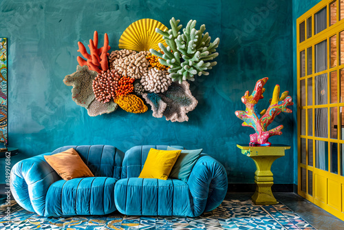 Interior of maximalist living room with teal sofa and colorful coral sculpture photo