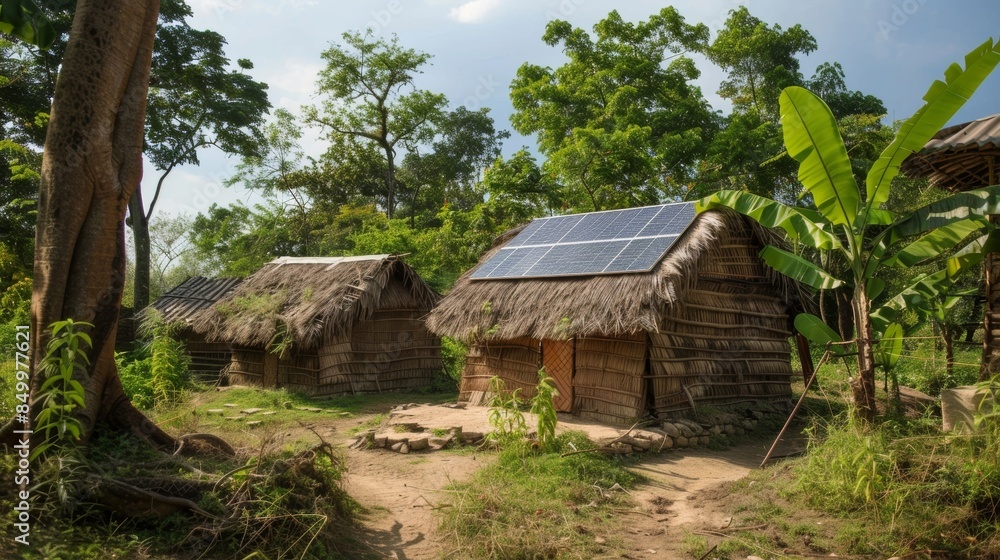 A tribal village with traditional thatched huts and woven walls now also equipped with modern solar panels to provide sustainable energy for the community. A tribal village with traditional thatched huts and woven walls now also equipped with modern solar panels to provide sustainable energy for the community.