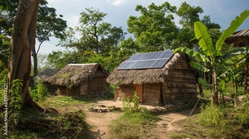 A tribal village with traditional thatched huts and woven walls now also equipped with modern solar panels to provide sustainable energy for the community. © Justlight