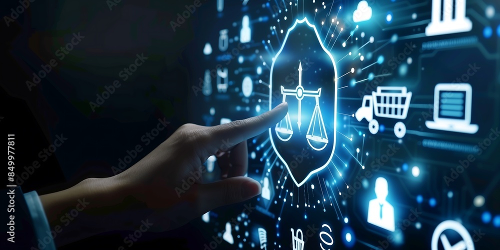 Hand touching digital icon of justice scales, surrounded by icons ...