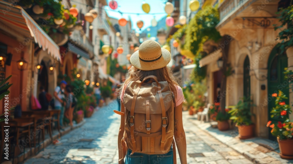 young woman wearing hat and backpack enjoying summer vacation in popular touristic place. View from back. Wanderlust concept. young woman wearing hat and backpack enjoying summer vacation in popular touristic place. View from back. Wanderlust concept.