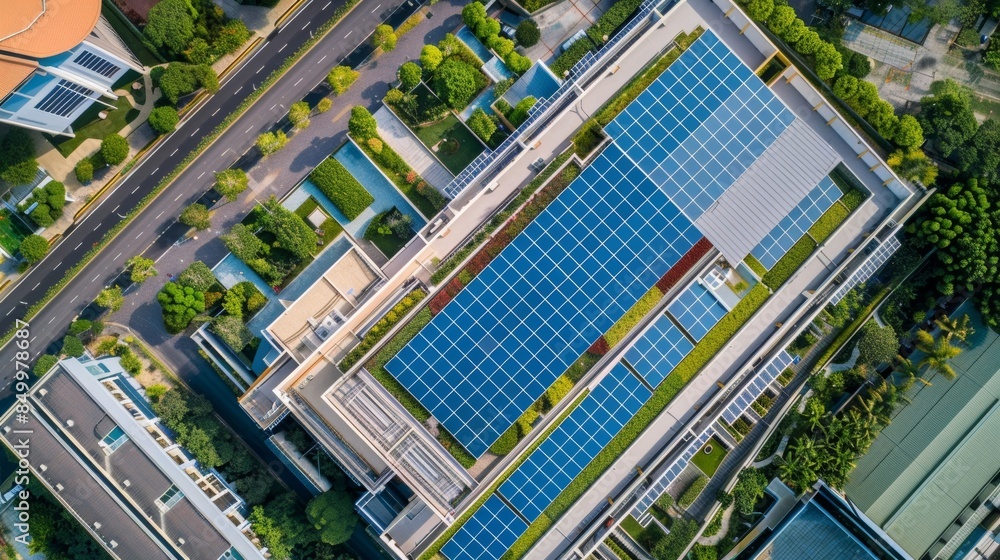 A symbol of the growing trend towards renewable energy a commercial building boasts an extensive solar array. A symbol of the growing trend towards renewable energy a commercial building boasts an extensive solar array.