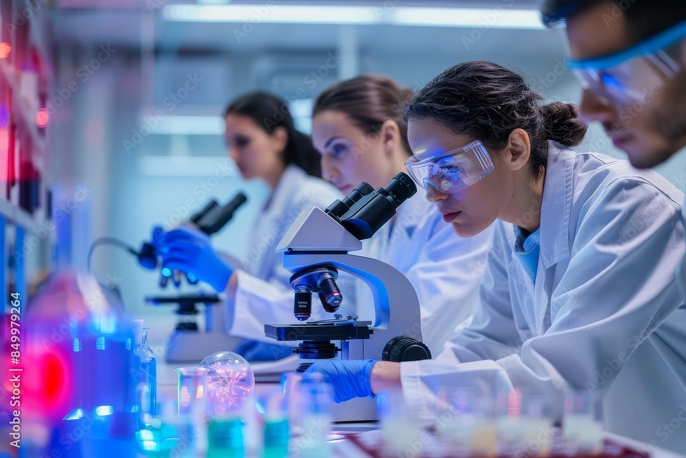 A research team studying cellular structures with advanced digital microscopes, vibrant lab environment, Hightech, Bright colors A research team studying cellular structures with advanced digital microscopes, vibrant lab environment, Hightech, Bright colors