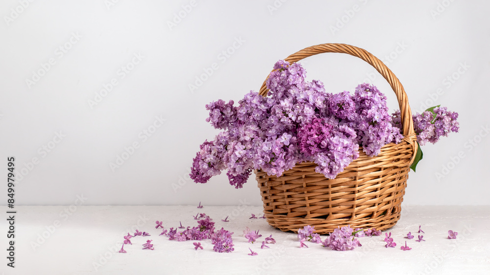 Beautiful lilac flowers in a wicker basket stand on a table on a white background Beautiful lilac flowers in a wicker basket stand on a table on a white background