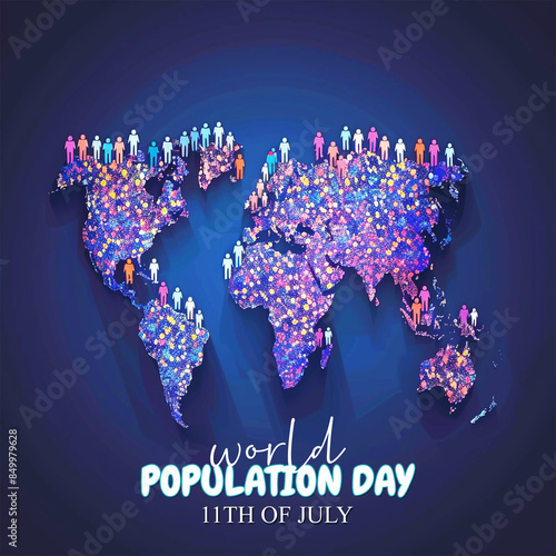 Vibrant World Population Day illustration featuring a glowing world map with diverse human figures, highlighting global unity and population awareness, ideal for educational and promotional use.