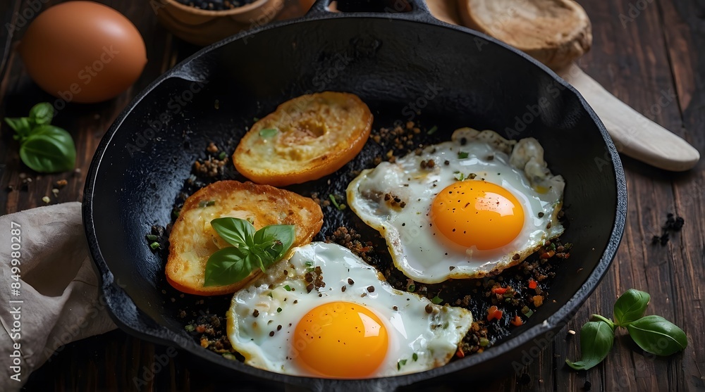 Fried Eggs with Toasted Bread in a Cast Iron Pan Fried Eggs with Toasted Bread in a Cast Iron Pan