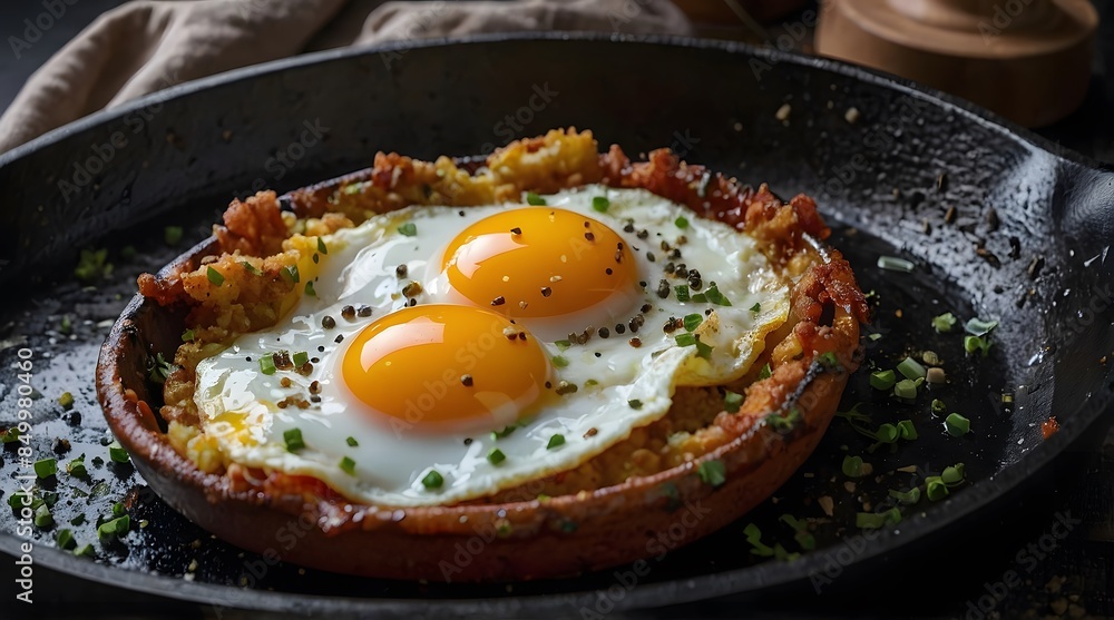 Fried Eggs and Potato Hash in Cast Iron Skillet Fried Eggs and Potato Hash in Cast Iron Skillet