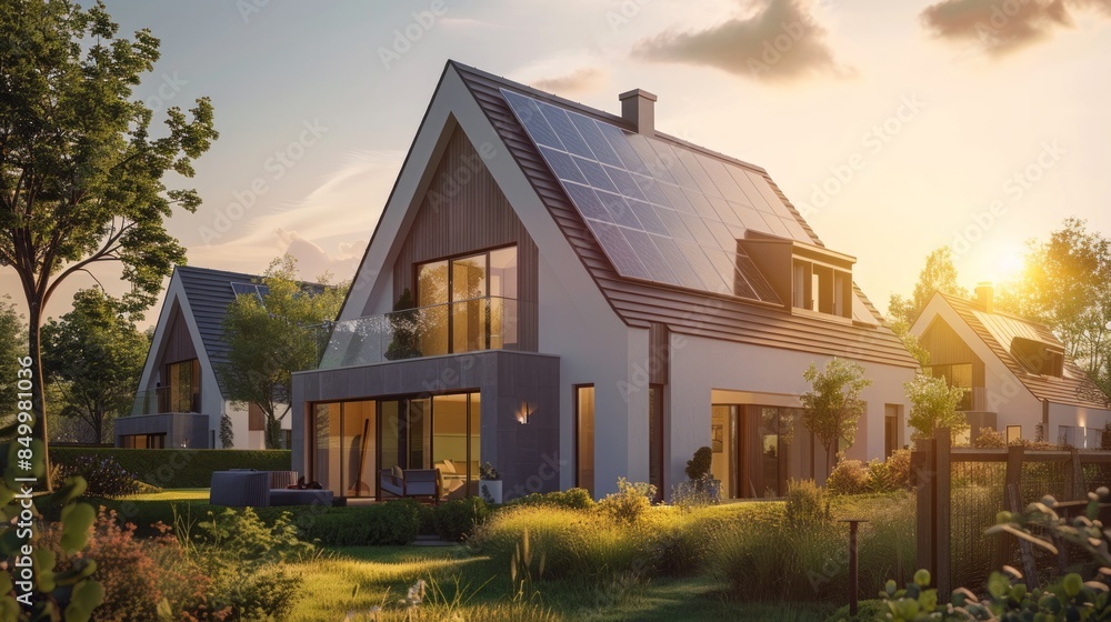 Close-up of new suburban house with a photovoltaic system on the roof. Modern eco friendly passive house with solar panels on the gable roof, with sunlight in the morning vibes. Eco friendly concept Close-up of new suburban house with a photovoltaic system on the roof. Modern eco friendly passive house with solar panels on the gable roof, with sunlight in the morning vibes. Eco friendly concept