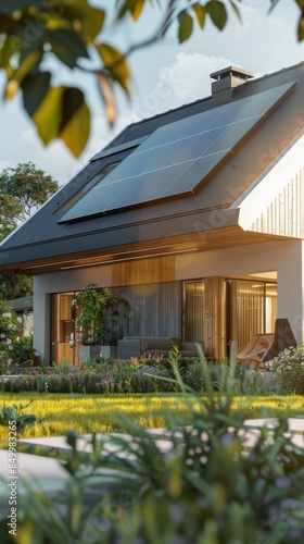 Wallpaper Mural Close-up of new suburban house with a photovoltaic system on the roof. Modern eco friendly passive house with solar panels on the gable roof, with sunlight in the morning vibes.  Eco friendly concept Torontodigital.ca