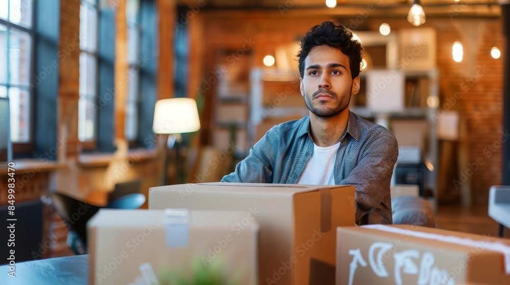 Young entrepreneur in warehouse surrounded by cardboard boxes, planning logistics for e-commerce business. Industrial interior setting. Young entrepreneur in warehouse surrounded by cardboard boxes, planning logistics for e-commerce business. Industrial interior setting.