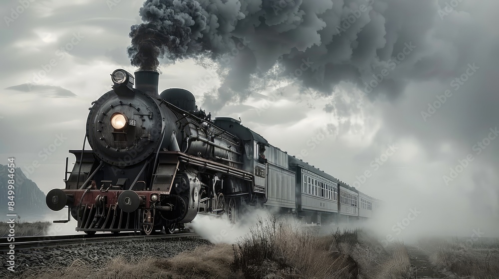 Antique steam train with ancient locomotive and old carriages running on the tracks in the afternoon countryside. thick steam from the train Antique steam train with ancient locomotive and old carriages running on the tracks in the afternoon countryside. thick steam from the train