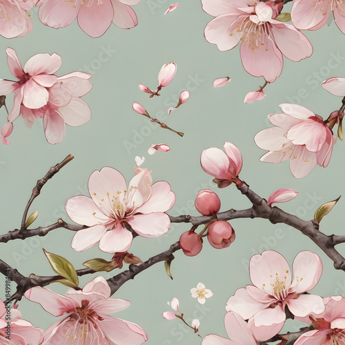 Cherry blossoms dance in a delicate pattern. Seamless pattern.