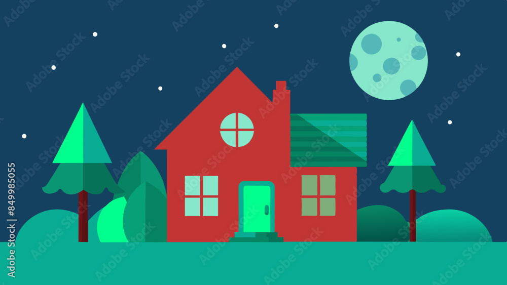 Fototapeta premium A tranquil night landscape showing a house under a star-filled sky with a luminous moon.