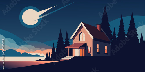 A house basks in the ethereal beauty of a star-filled sky, painting a mesmerizing evening scene that is truly picturesque.