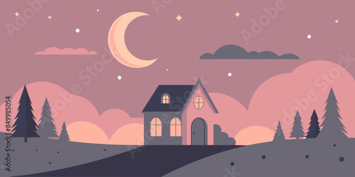 A house basks in the ethereal beauty of a star-filled sky, painting a mesmerizing evening scene that is truly picturesque.