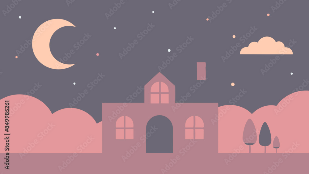 Fototapeta premium An enchanting nighttime view of a house surrounded by twinkling stars and a glowing moon.