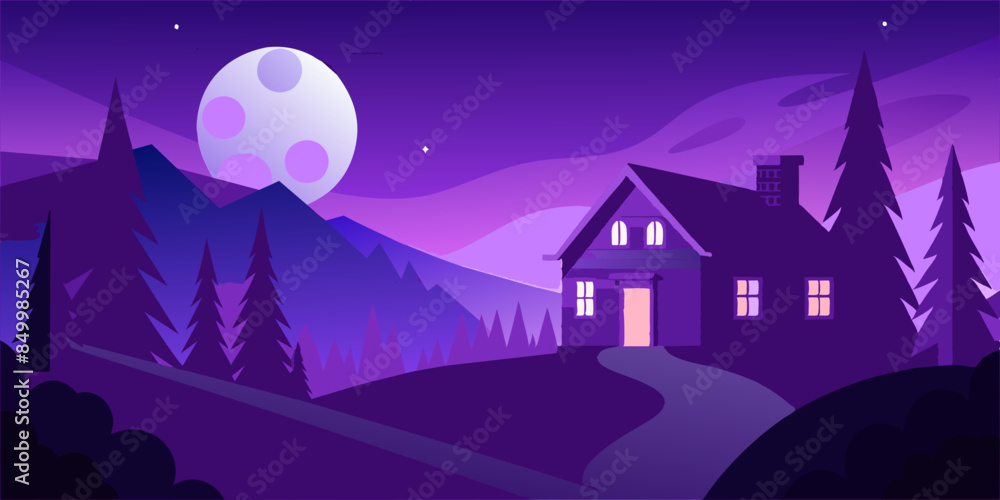 An enchanting nighttime view of a house surrounded by twinkling stars and a glowing moon. An enchanting nighttime view of a house surrounded by twinkling stars and a glowing moon.