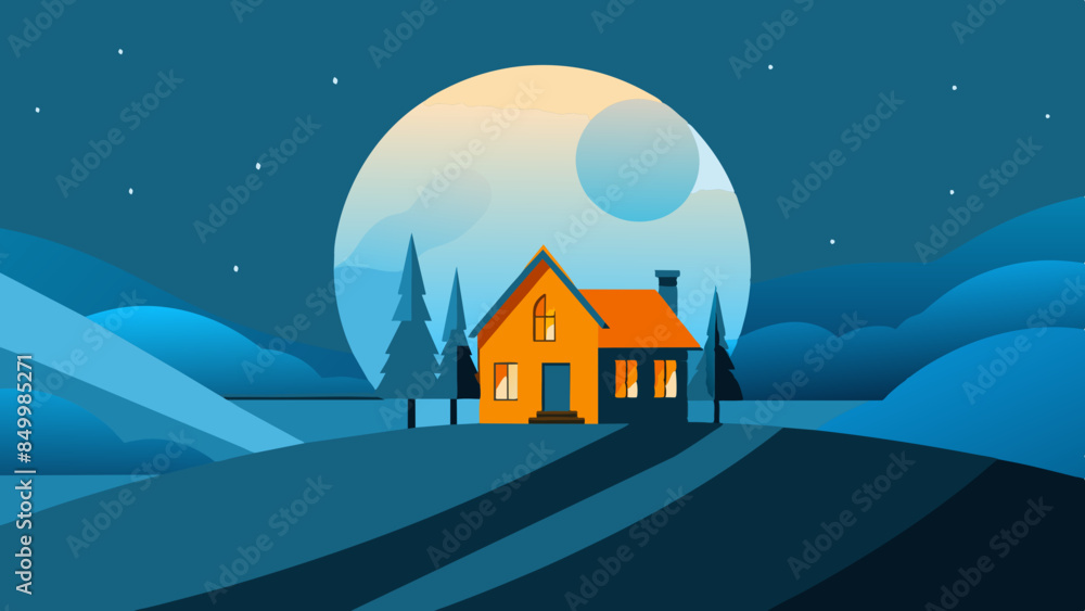 Fototapeta premium An enchanting nighttime view of a house surrounded by twinkling stars and a glowing moon.