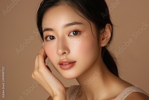 A beautiful Asian woman with her hand touching the side of her face, wearing a light beige sleeveless top, posing for a beauty commercial in a studio setting against a brown background