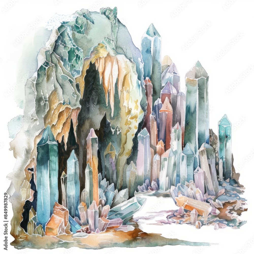 Watercolor painting of a crystalized cave, with stalactites and ...