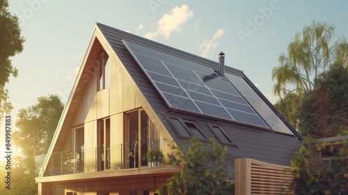 Wallpaper Mural Close-up of new suburban house with a photovoltaic system on the roof. Modern eco friendly passive house with solar panels on the gable roof, with sunlight in the morning vibes. Eco friendly concept Torontodigital.ca