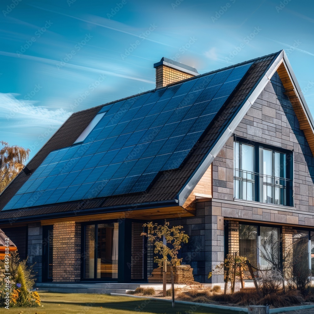 Close-up of new suburban house with a photovoltaic system on the roof. Modern eco friendly passive house with solar panels on the gable roof, with sunlight in the morning vibes. Eco friendly concept