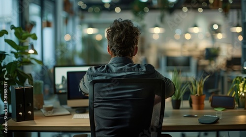 A worker with a hunched back at a workstation, with visual cues indicating improper posture, in an office setting, emphasizing the long-term effects of poor ergonomics. 
