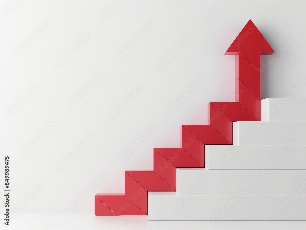 Bright red 3D financial arrow trending up, minimalist white background, ample space for text, clear and professional presentation Bright red 3D financial arrow trending up, minimalist white background, ample space for text, clear and professional presentation