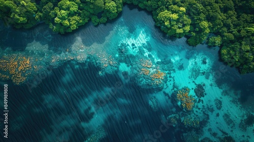 Aerial view of crystal-clear turquoise waters meeting lush green foliage along a tropical coastline, showcasing natural beauty and contrast.