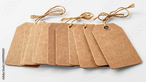 Blank cardboard price tags, arranged on an isolated background, studio lighting creating a professional look, suitable for advertising