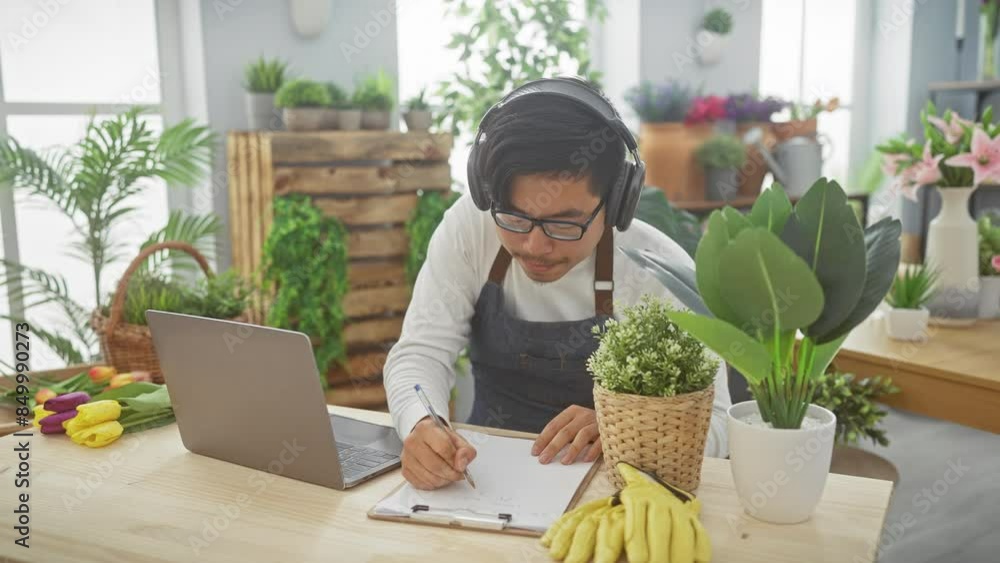Young asian man taking notes in a flower shop surrounded by vibrant plants and using headphones. Young asian man taking notes in a flower shop surrounded by vibrant plants and using headphones.