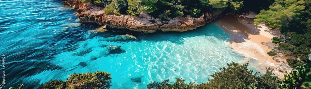 Stunning aerial view of a tropical beach with turquoise waters, sandy shore, and lush greenery, perfect for vacation inspiration. Stunning aerial view of a tropical beach with turquoise waters, sandy shore, and lush greenery, perfect for vacation inspiration.
