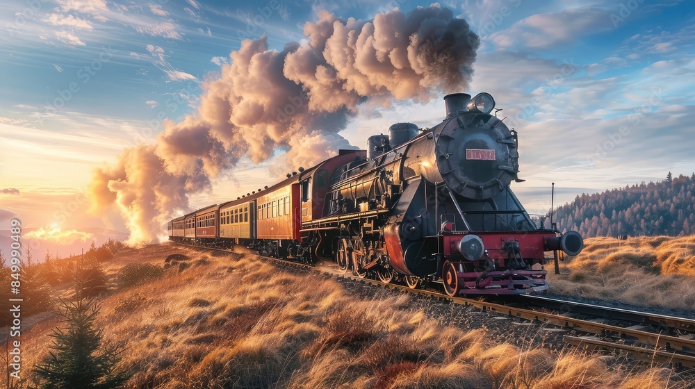 Fototapeta premium Antique steam train running in the afternoon. interesting view of the puffs of steam coming out of the train