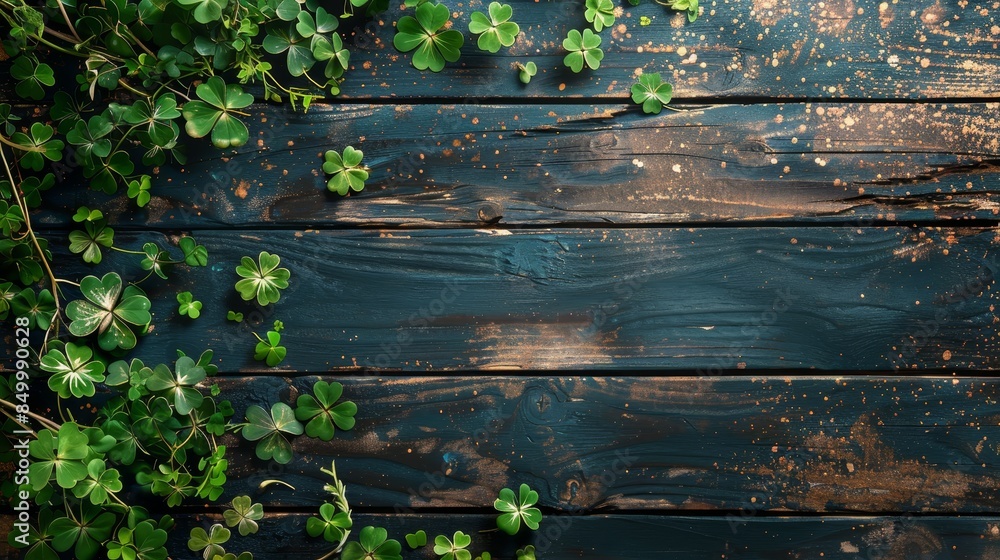 Aerial view, St. Patrick's Day wooden table background, banner texture with clear copy space for text, green and gold accents, ideal for product placement