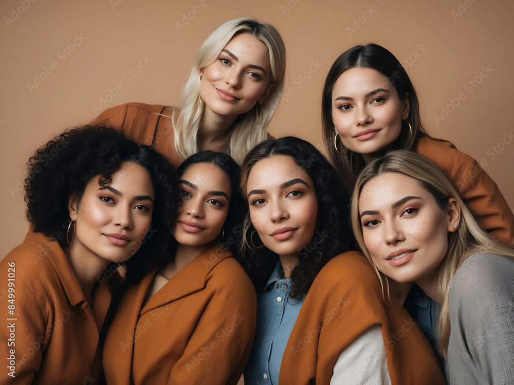 Obraz premium A group of women taking a photo, displaying faces, smiles, and layered hair
