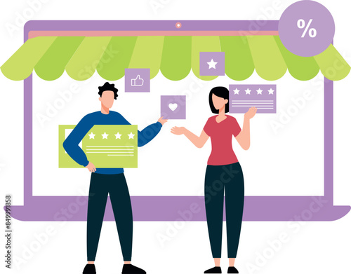 Girl and boy are telling about discount on online shopping.