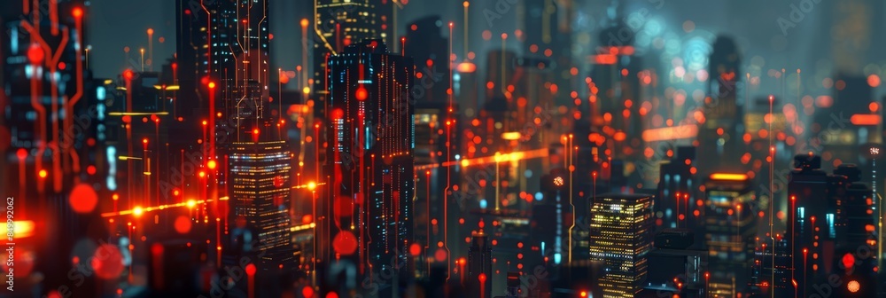 Fototapeta premium Modern futuristic digital circuit city building background. 