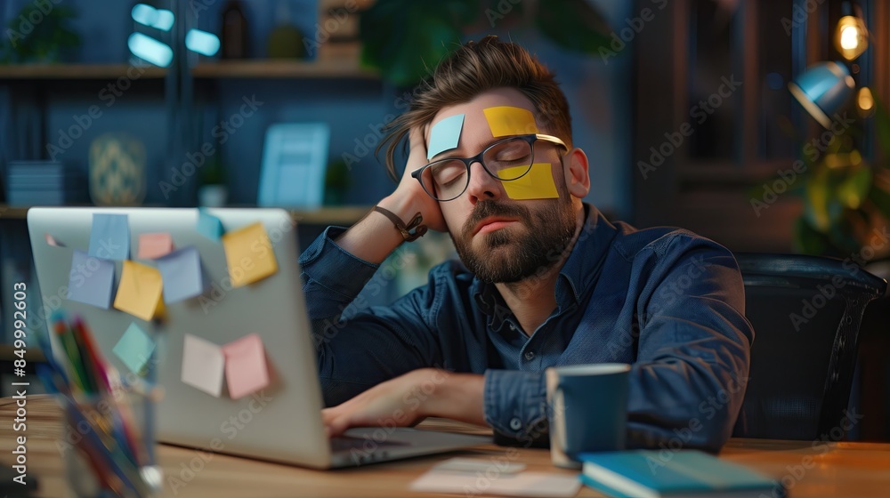 Tired businessman with sticky notes stuck to his face while sleeping at work, sitting at desk with laptop, lazy inefficient young man taking a nap Tired businessman with sticky notes stuck to his face while sleeping at work, sitting at desk with laptop, lazy inefficient young man taking a nap