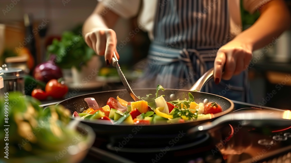 Close-up of a frying pan with stir-fried vegetables on an induction hob. Woman cooking. Cooking concept. Kitchen equipment. Appliances. Close-up of a frying pan with stir-fried vegetables on an induction hob. Woman cooking. Cooking concept. Kitchen equipment. Appliances.