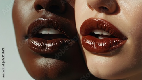 Close up of dark brown lipstick on lips open mouth romantic face, fashion lady ai generative 