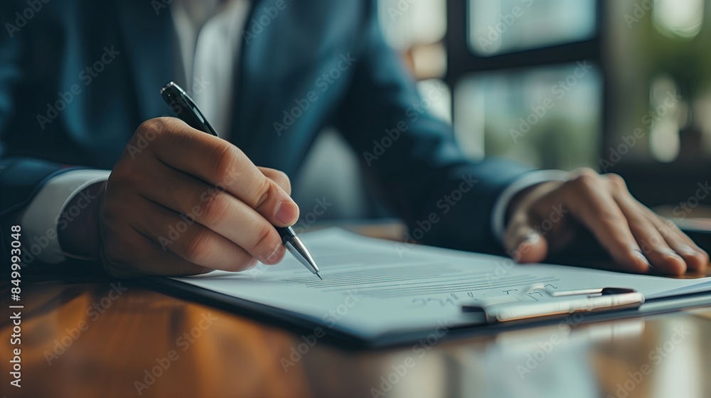 Close-up of male employee signing on paper document. Signing document, contract, making agreement in meeting. Recruitment concept. Close-up of male employee signing on paper document. Signing document, contract, making agreement in meeting. Recruitment concept.