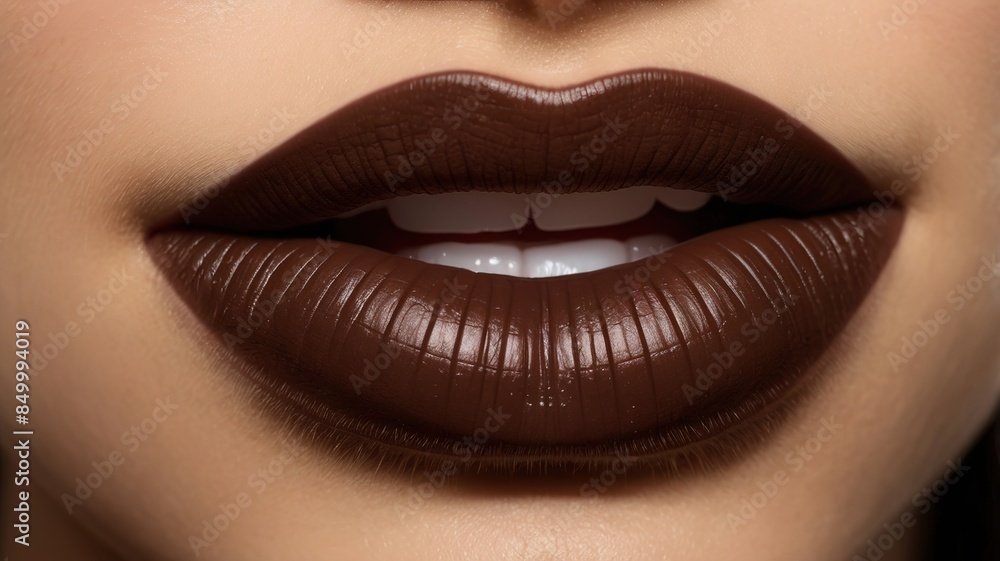 Close up of dark brown lipstick on lips open mouth romantic face, fashion lady ai generative Close up of dark brown lipstick on lips open mouth romantic face, fashion lady ai generative