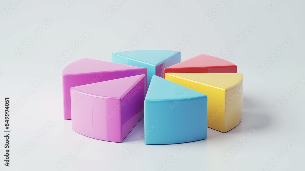 Fototapeta premium 3D pie chart with distinct colorful segments, on a clean white flat background, ample space for text, professional and tidy design, clear and modern