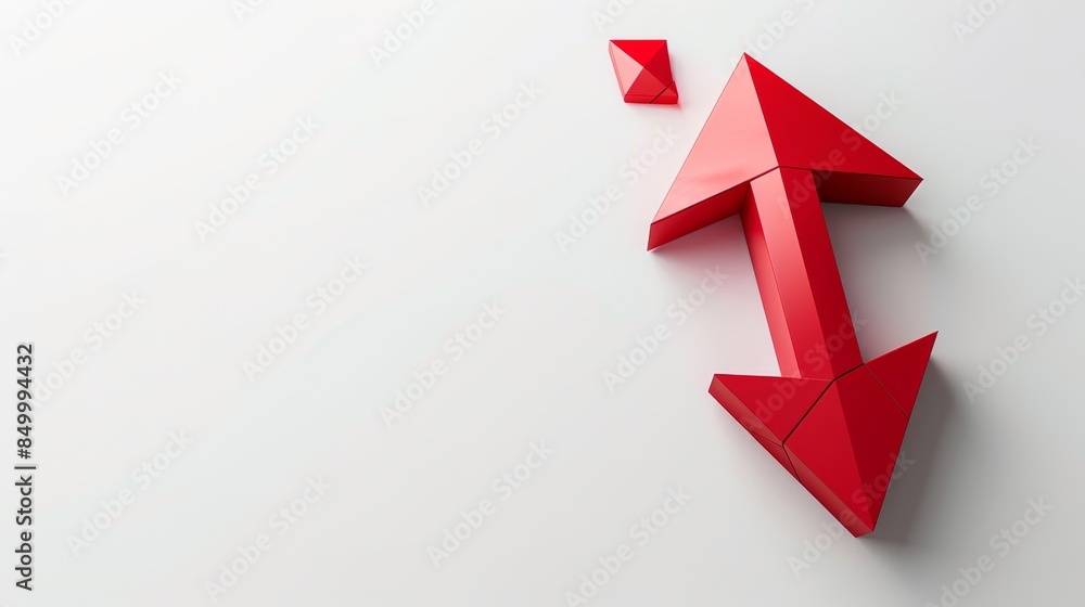3D financial arrow pointing up in vibrant red, set against a clean white background, ample space for text included, minimalist and impactful design 3D financial arrow pointing up in vibrant red, set against a clean white background, ample space for text included, minimalist and impactful design